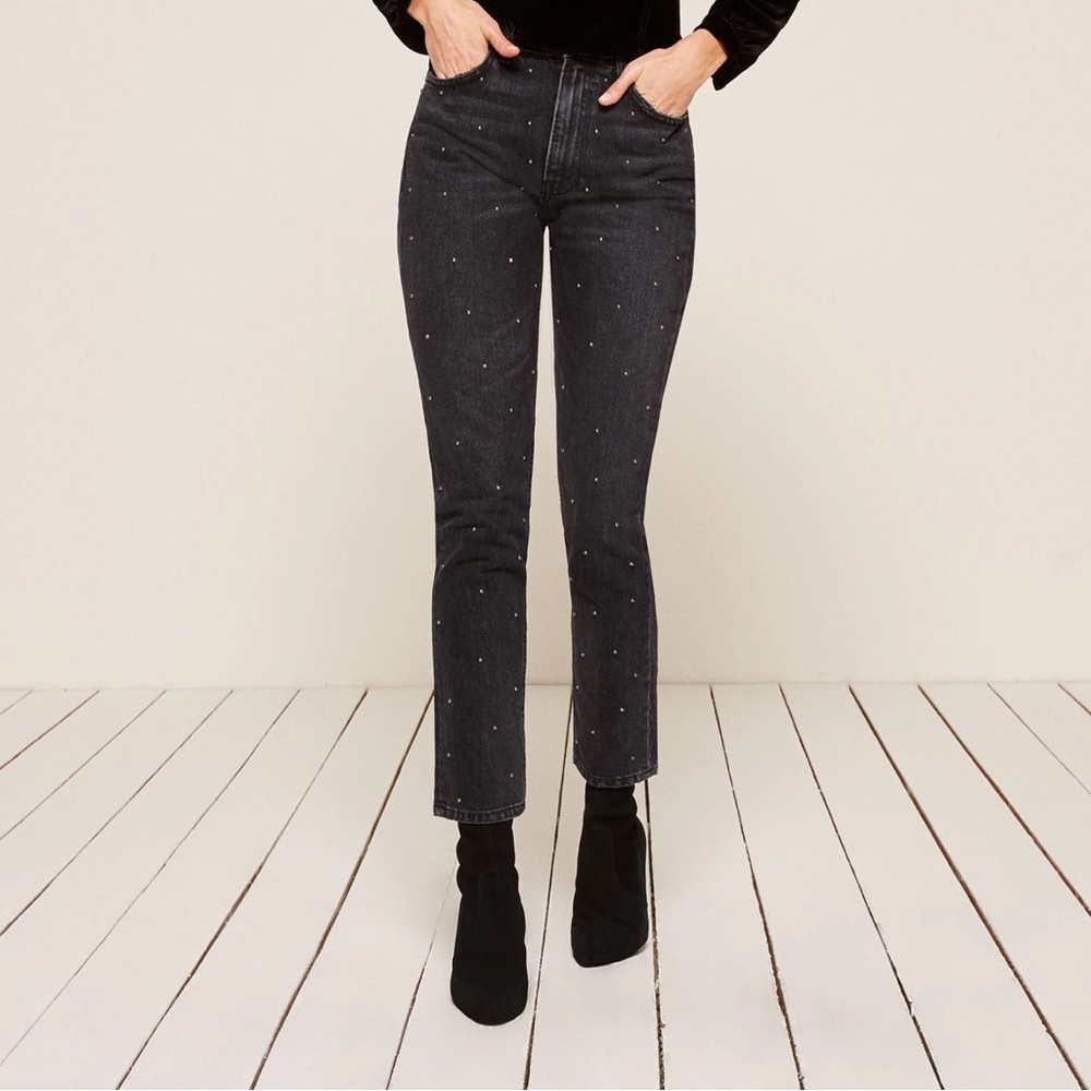 Reformation Harley Jean Silver Studded Pacific Black Faded Crop Denim Size 28